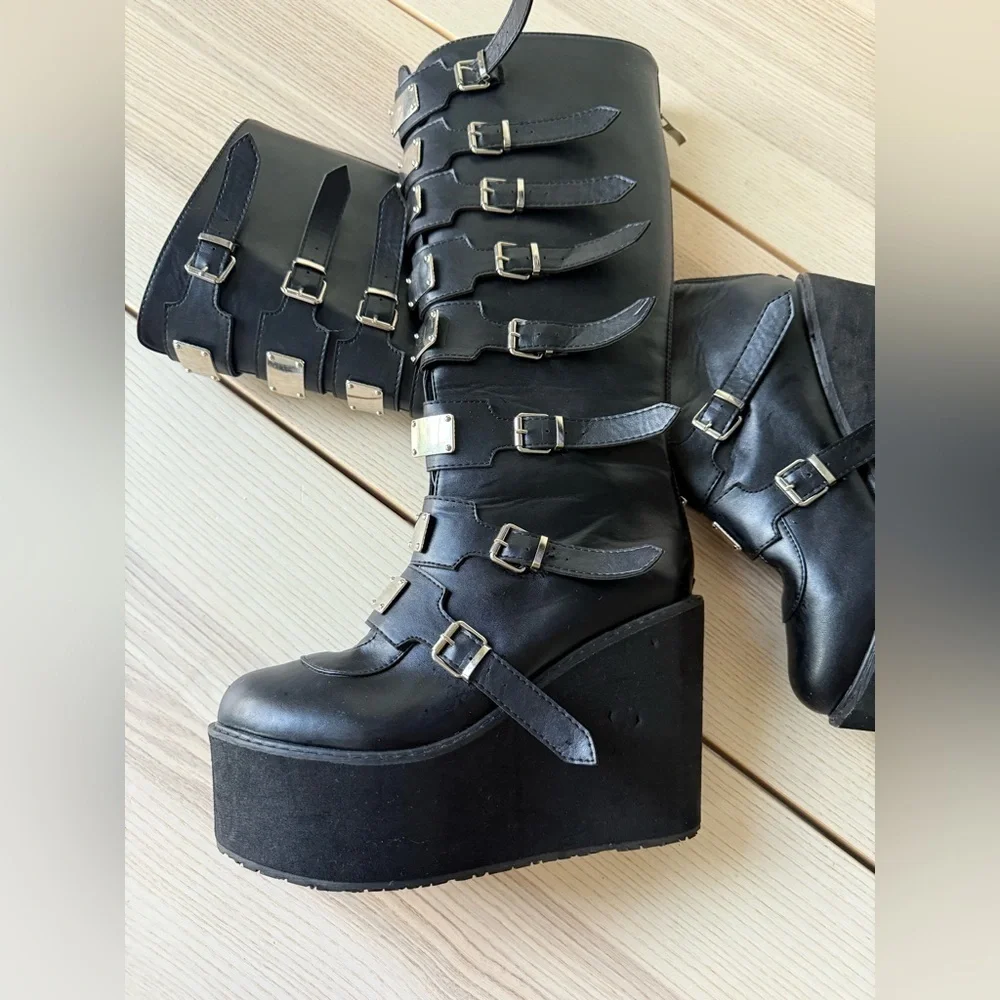 Swing strap knee boots Chic Black Multi-Buckle Platform women mid calf size 9